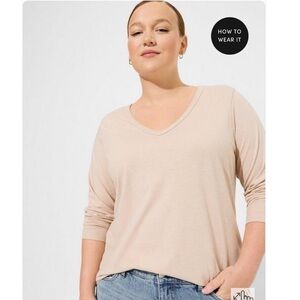 Torrid Girlfriend Signature Jersey V-Neck Long Sleeve Tee in Beige/mushroom.